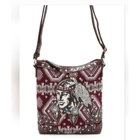 Red Native American Indian Man Rhinestone Studded Crossbody Purse - Picture 1 of 7